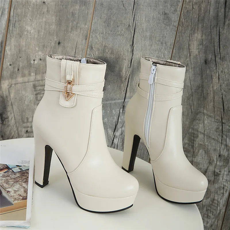 Women\'s White Ankle Boots Platform Shoes Fashion Buckle High Heels Yellow Black Autumn Winter Short Boot Ladies Large Size 50