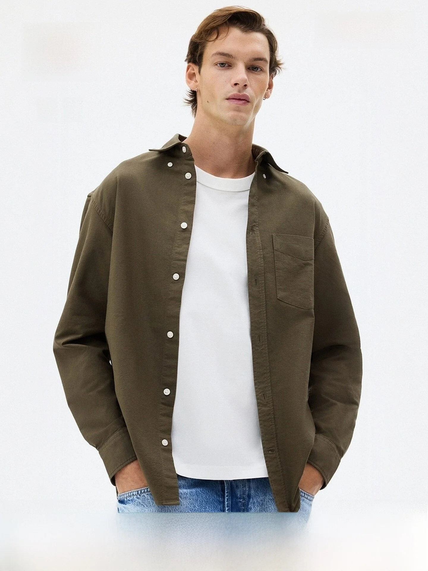 

H&M Men's Oxford Cloth Shirt Standard Fit Long Sleeve Commute Inner Wear Cotton Button up Pure Color 1257417