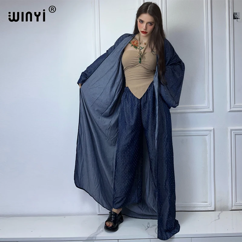 WINYI Africa fashion 2 piece sets women outfit kimonos Women maxi Cardigan pant sets Hot drilling denim suit