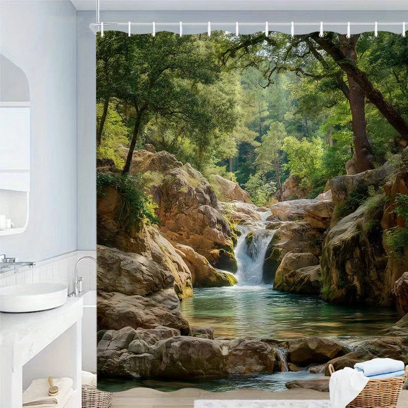 1 rideau de douche sur le thème du ruisseau forestier – motif d’une cascade paisible et d’arbres luxuriants, en polyester résistant, lavable en machine, comprend un support.