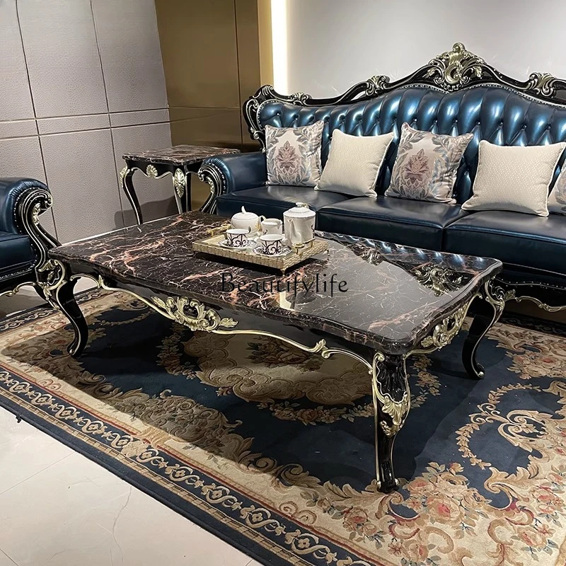 

02 French solid wood large coffee table, European small apartment rectangular solid wood living room neoclassical marble tea tab