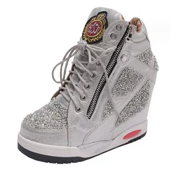 9cm Microfiber Platform Wedge Leather Spring Leisure Bling Hidden Heels Ankle Sneakers Summer fish-mouth ankle boots 35 41