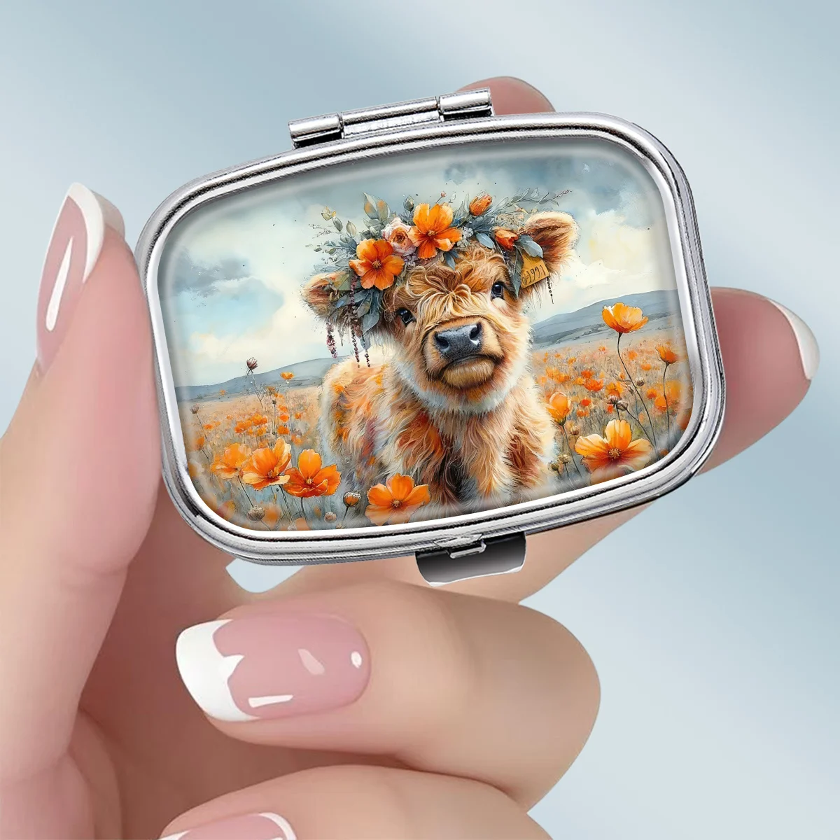 A Small Square Metal Pill Box with 2 Compartments, Designed in a Rustic Oil Painting Style, Decorated with Cute Pet Motifs, Portable Decorative Vitamin Storage Box, Unique Gift, Can Be Placed in a Pocket or Purse