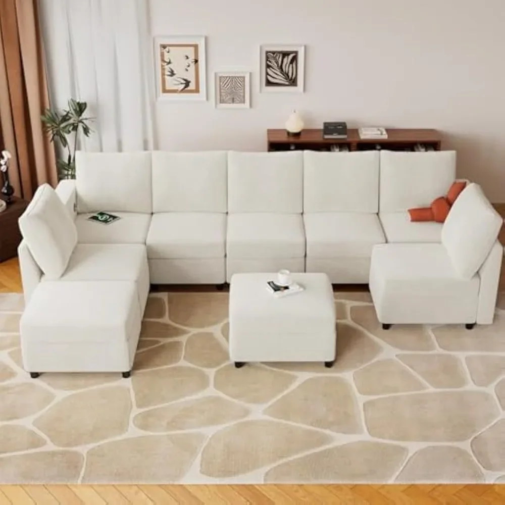 

Cream Chenille Oversized Modular Sectional Sofa with Storage and USB Chargers, Comfy Sectional Sofa