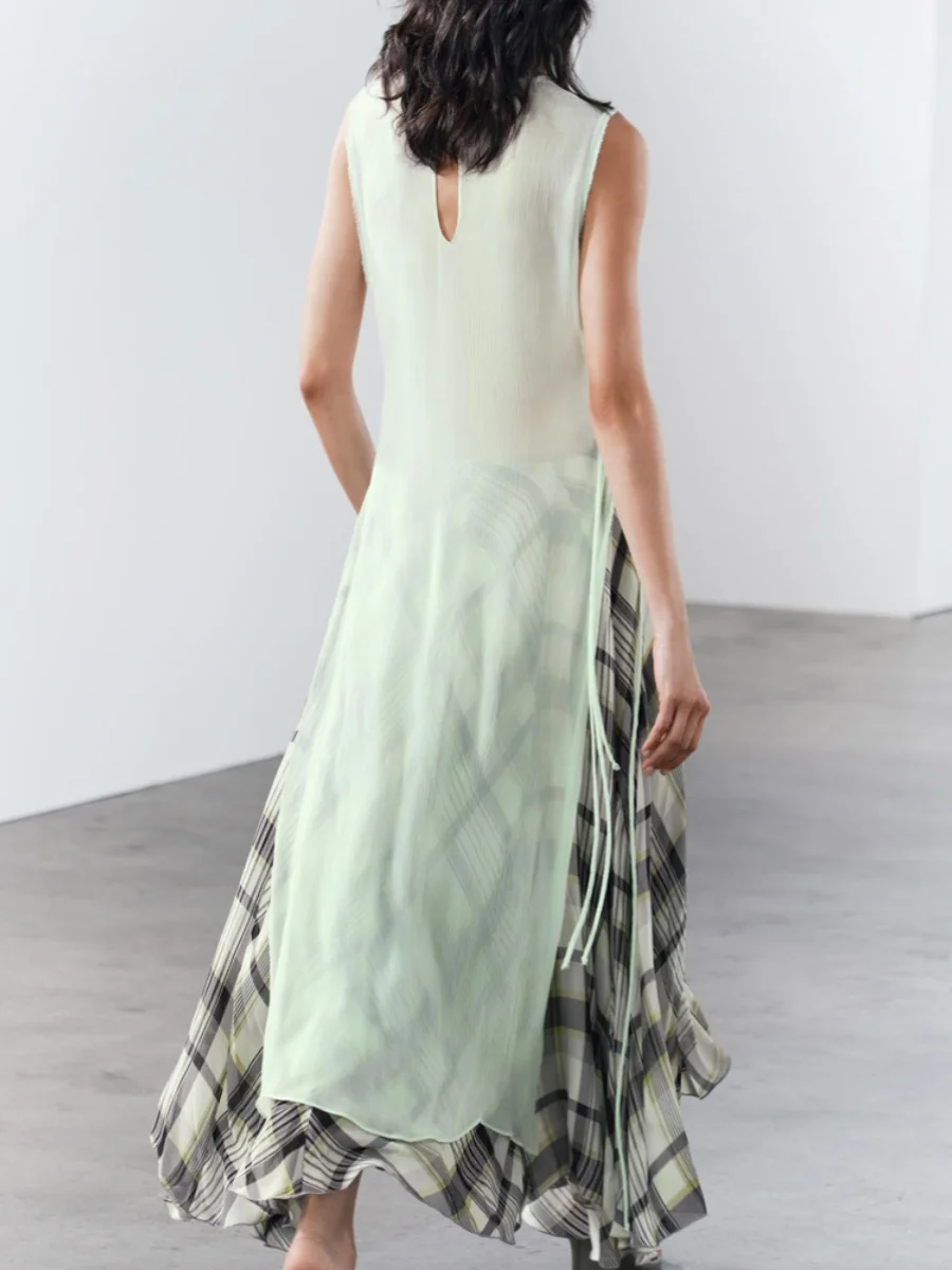 新しい夏の女性のラウンドネックノースリーブドレープオープンデザインロングシャツスタイルトップエレガントカジュアルファッションレディースドレス