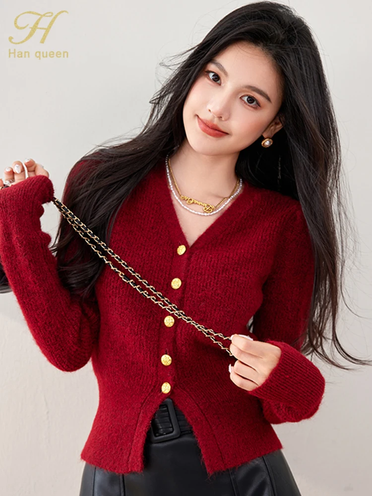 H Han Queen 2024 Autumn Vintage Red Christmas Sweater Korean Chic Knitted Cardigan Women\'s Clothing Casual Basic Long Sleeve Top