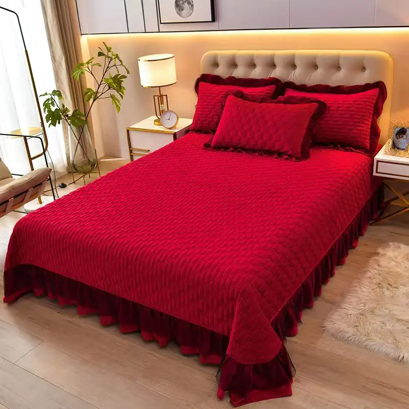 3Pcs Bedspread Pillowcase Thickened Bed Cover Crystal Velvet Lace Quilted Non Slip Sheet Blanket Single And Double Bed Skirt