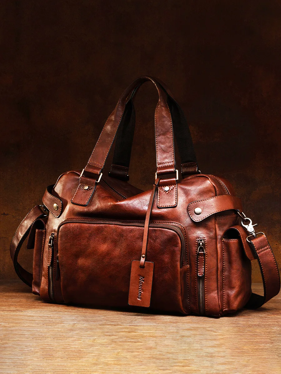 High Quality Vintage Vegetable Tanned Leather Brushed Men's Bag Casual Shoulder Handbag Travel Luggage Soft Fitness