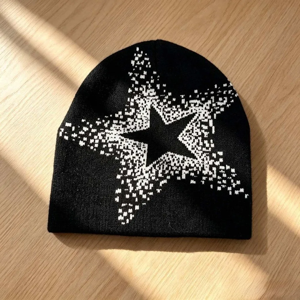 Punk Jacquard Star Knitted Hat Cashmere Warm Pullover Cap Pentagram Elastic Y2k Beanie Hat Female/Male