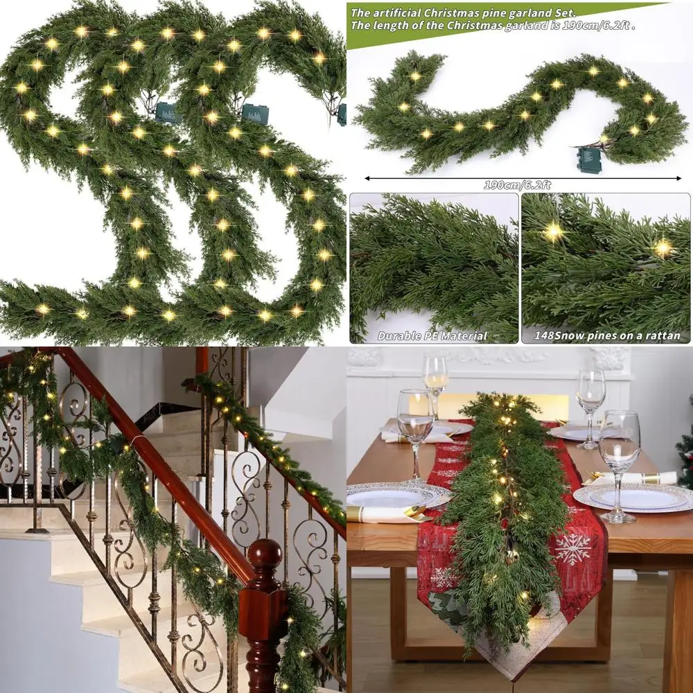 

Realistic Artificial Cedar Garland with 20 Lights, Pre-lit Christmas Decoration, 3-Piece Set, Faux Cypress Greenery for Festive