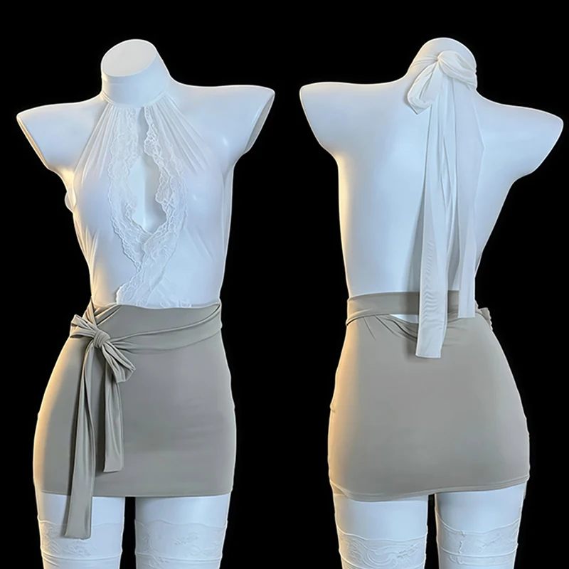 

Sexy Workplace Temptation Teacher Cosplay Uniform Women Secretary RolePlay Costume Hollow Out Lace Dress Wrap Hip Skirt Uniform