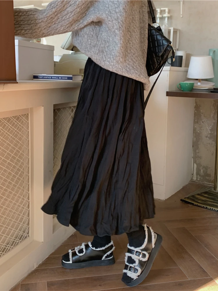 

Midi Skirts Women Solid Folds Design Temper Loose High Waist Harajuku Casual All-match A-line Faldas Korean Style Classic Mujer