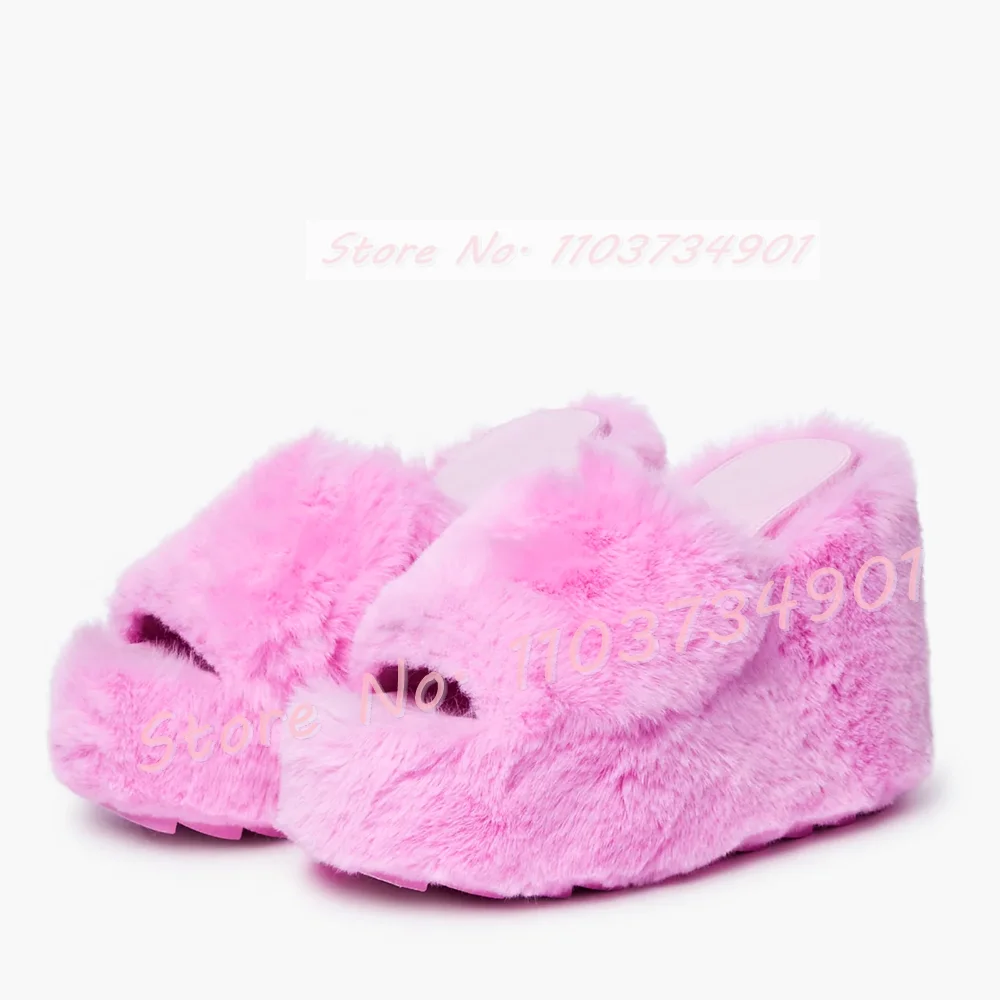 Pink Furry Platform Wedge Slippers Women Stylish Fur Open Toe Girls Lovely Party Shoes Female Elegant Round Toe Fluffy Slippers