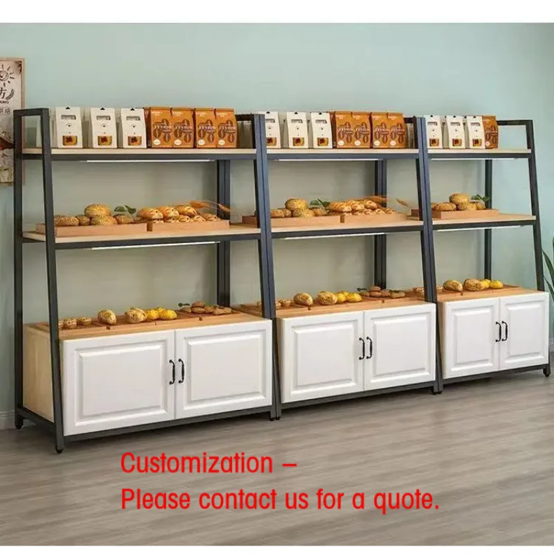 custom.3-Tier Bakery Display Rack with Storage Cabinet, Steel-Wood Pastry Shelf Bakeries