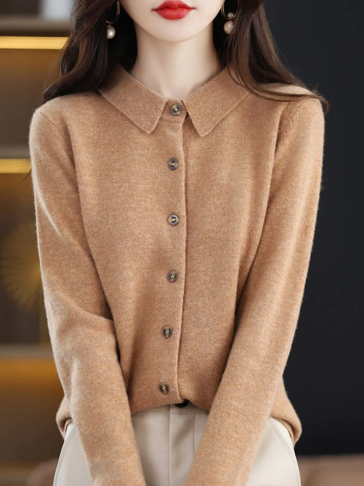 

Women Cashmere Polo Collar Cardigan Autumn Winter Basics Sweater 100% Merino Wool Knitwear Female Grace Soft Clothes New Top