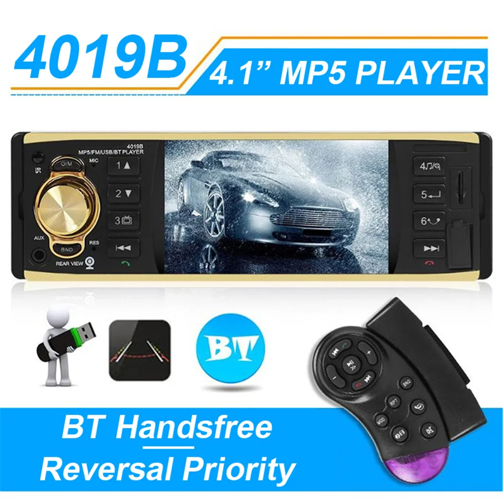 

Bluetooth Car Radio 1DIN 4.1inch Stereo Receiver 1 din Auto Retractable Screen Multimedia MP5 Player TF FM USB AUX 12V 4019B