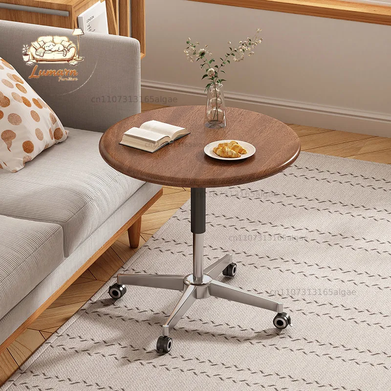 Walnut wood lift-up coffee table with wheels, movable for small