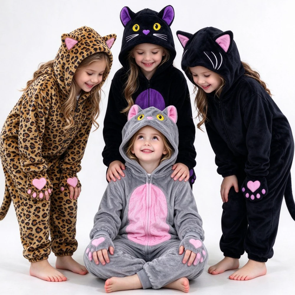 Kigurumi Onesies Cat Leopard Kids Pajamas Winter Thicken Warm Jumpsuit Pink Black Purple Pijama Anime Cosplay Halloween Costumes