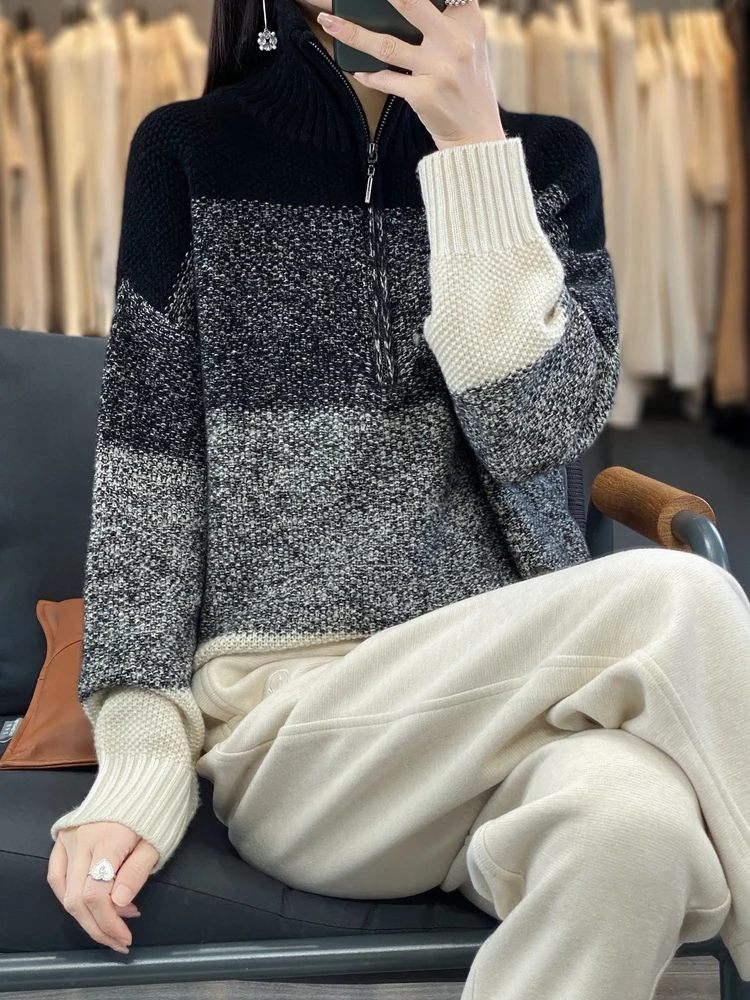 Zipper Women Fashion Sweater Autumn Winter Thick 100% Merino Wool Turn Down Collar Pullovers Cashmere Knitted Vintage Style Tops