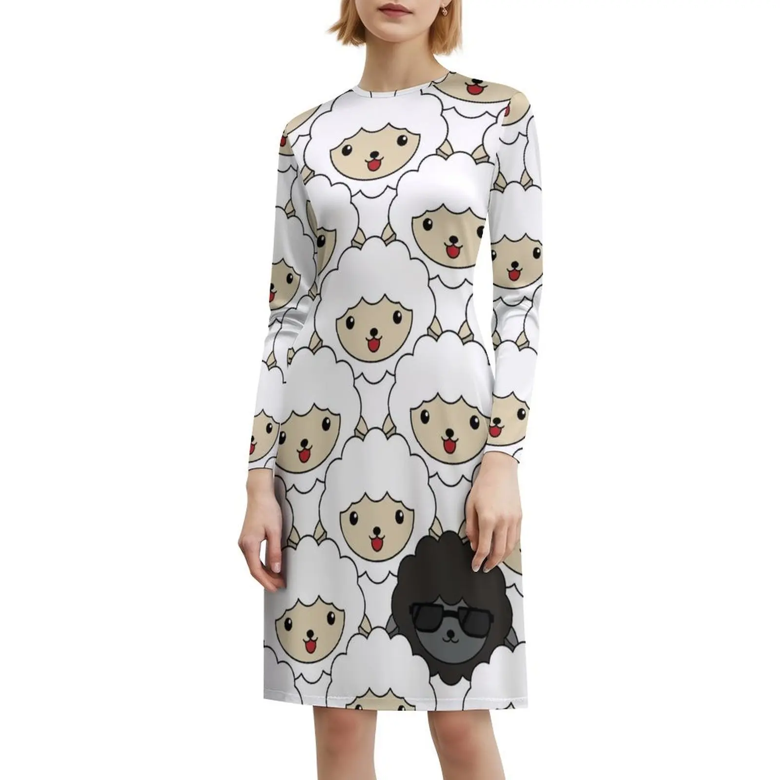 فستان كاجوال بنمط الأغنام الأسود على الطراز الكوري للنساء فساتين بسيطة يومية للمكتب للسيدات نمط الأغنام السوداء منبوذ #6