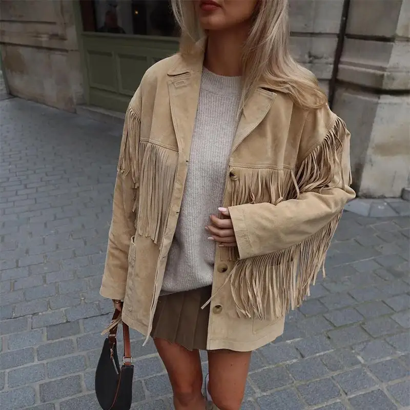 Vintage Spring Autumn Bomber Jacket Brown Coat Lapel Fringe Long-sleeved Outerwear Streetwear Trends Single-breasted Cropped Top