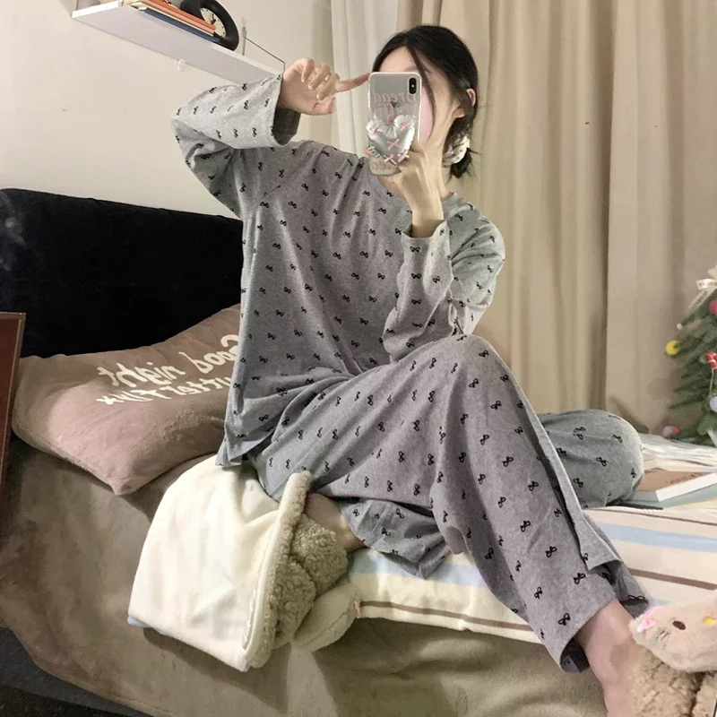 

Fashionable Cute Bow Loose Home Leisure Long-Sleeved Trousers Pajamas Set For Women