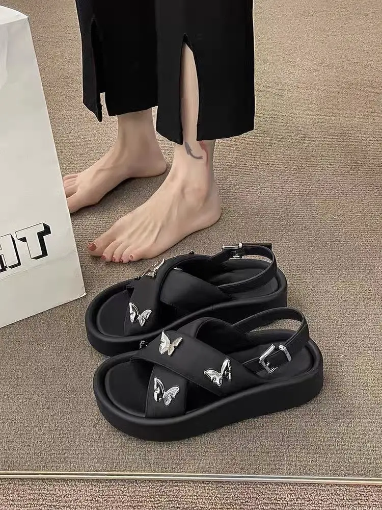 Sandals for Woman Flat Rubber Black Women\'s Shoes Footwear Summer 2024 Open Toe Roman Style Platform Sandal Vip H Asian Size F