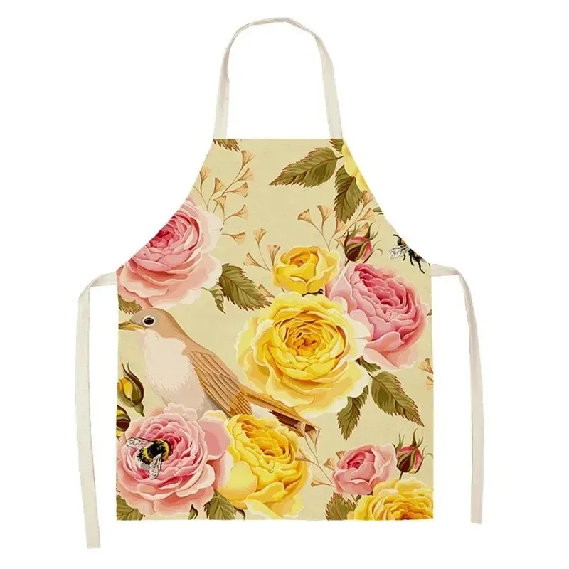 

Vintage Floral Print Kitchen Apron For Women Rose Peony Flower Sleeveless Linen Bib Cooking Baking Accessories Home Cleaning Bib