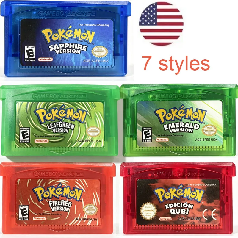 English Pokémon 32 Bit Video GBA Game Card Bundle USA Version Ruby Sapphire Emerald FireRed LeafGreen Gameboy Advance Cartridge