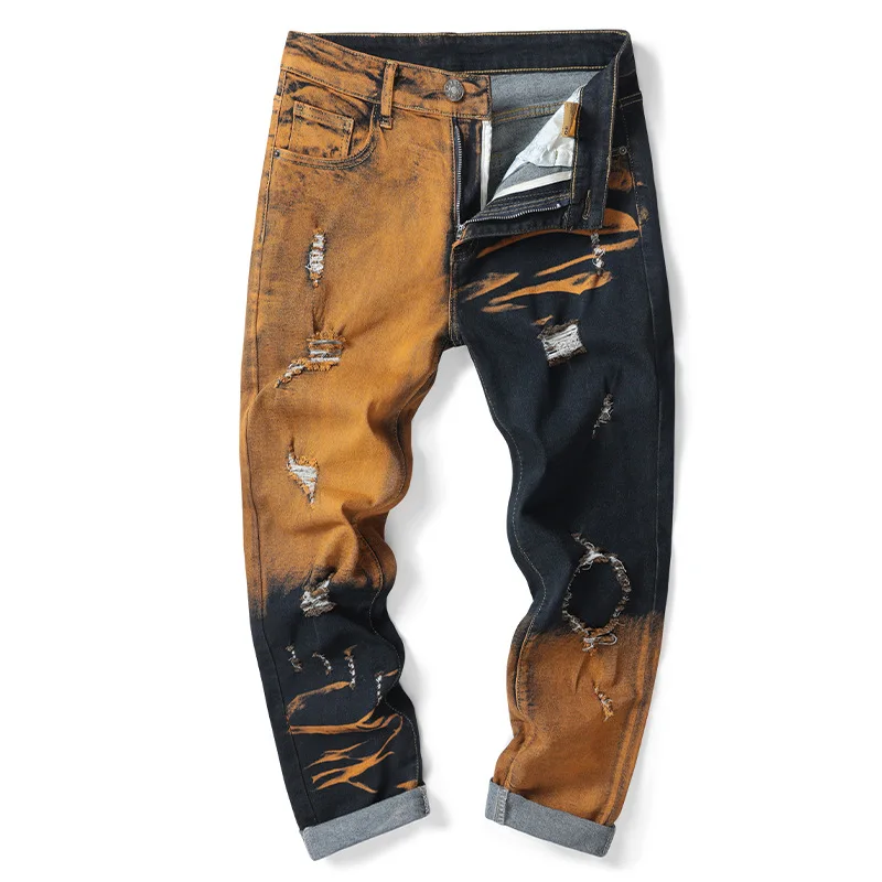 

Мужские всесезонные рваные джинсы High Street, винтажные лоскутные брюки, потертая джинсовая уличная одежда