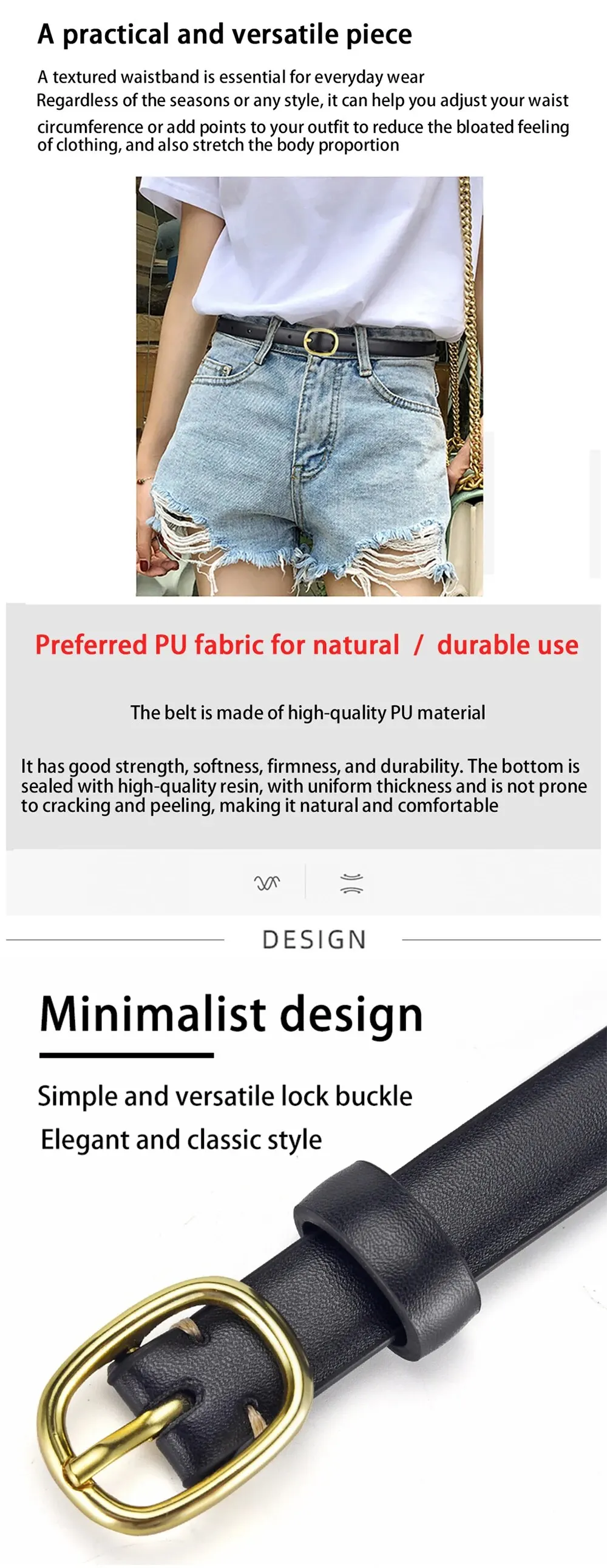 Damen Gürtel Trend Gold Schnalle Gürtel Mode lässig vielseitige dünne Gürtel weichen Pu Leder Gürtel Jeans Gürtel Geschenk für Mutter Freundin – Detail 1