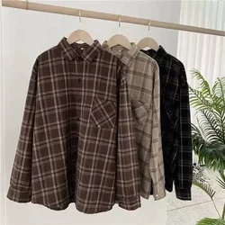 Vintage Women Plaid Shirts Loose  Long Sleeve Button Up Fall Shirt Casual Pocket Female Korean Black Outwear Tops