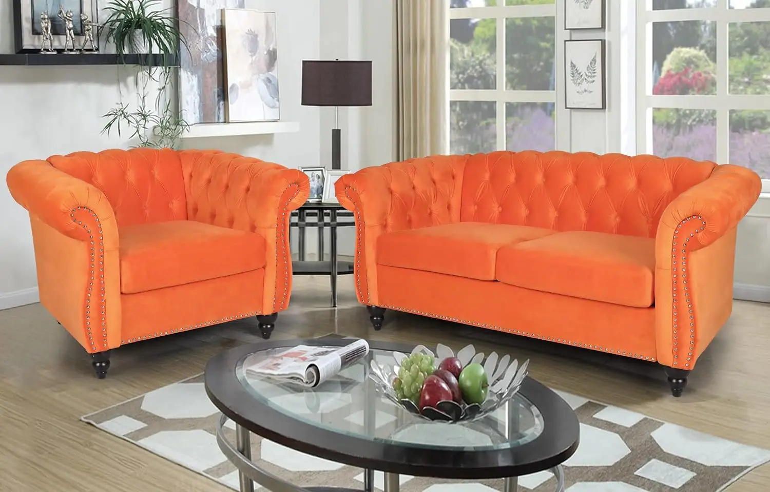 Modern Tufted Velvet Loveseat & Accent Chair Set with Nailhead Trim Scroll Arms, Customized