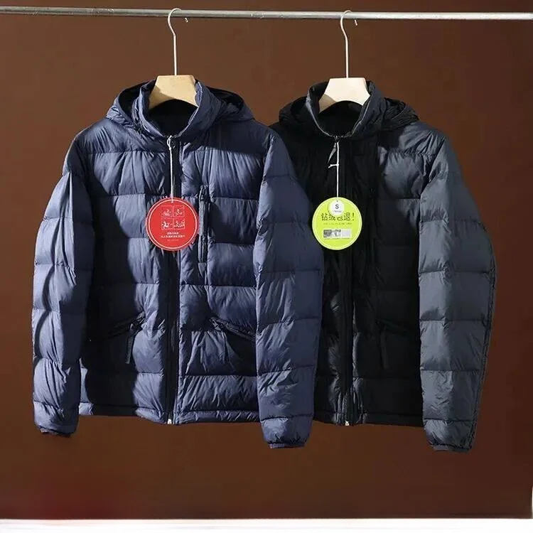 

Мужская пуховая куртка для активного отдыха с капюшоном, воротником-стойкой, теплая, ветрозащитная, водоотталкивающая, модная, стандартного кроя, на молнии