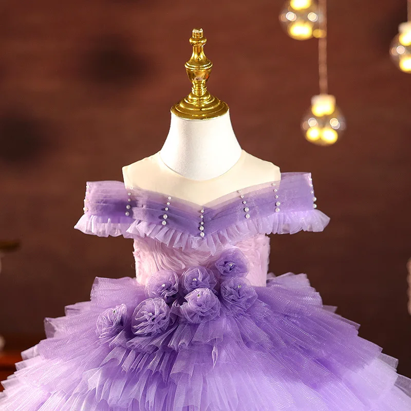 Vestido morado de un hombro para niñas, vestido de boda con flores, vestido de fiesta de princesa para desfile, vestido de boda para niñas con flores ﻿