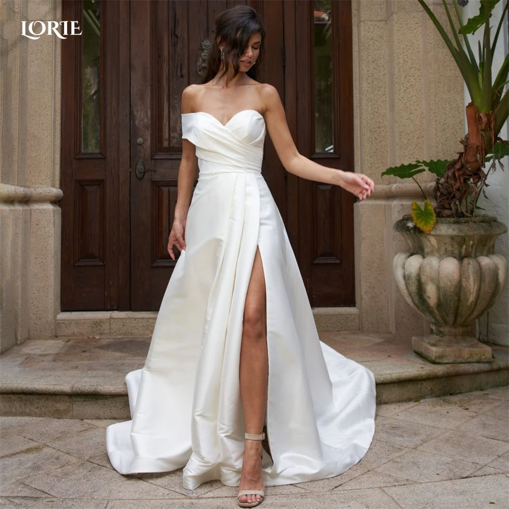 

LORIE Solid Satin Wedding Dresses Off Shoulder Pleats Side Slit Bridal Gowns Bohemia A-Line Sweetheart Princess Bride Dress 2022