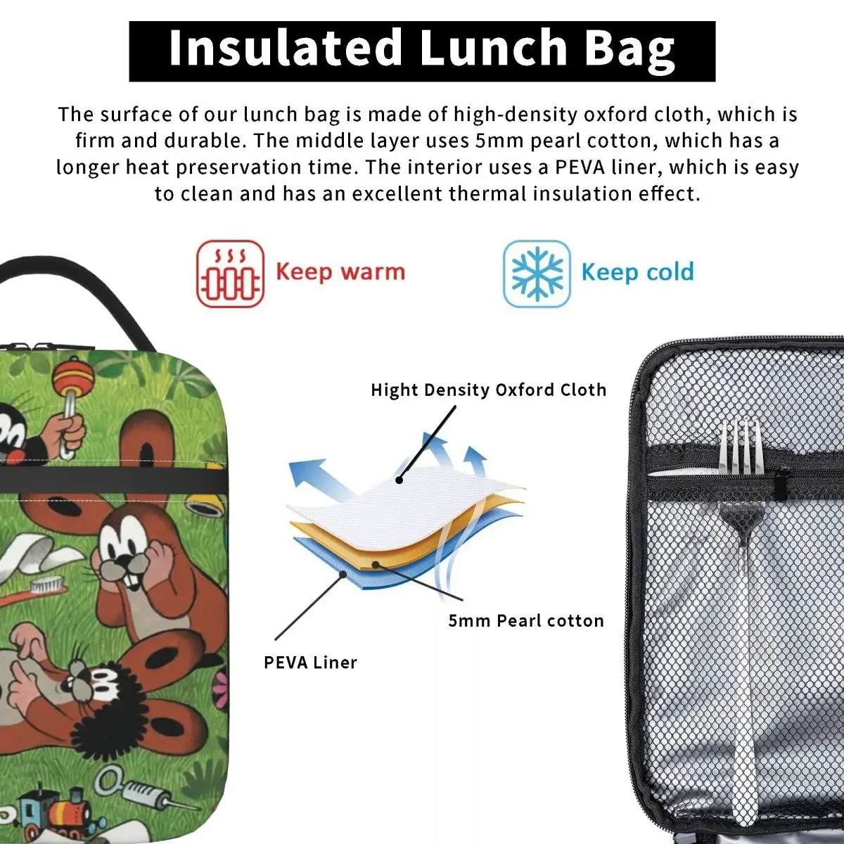 The Little Mole Krtek Anime Insulated Lunch Bag Thermal Bag Lunch Container Large Tote Lunch Box Food Bag School Outdoor