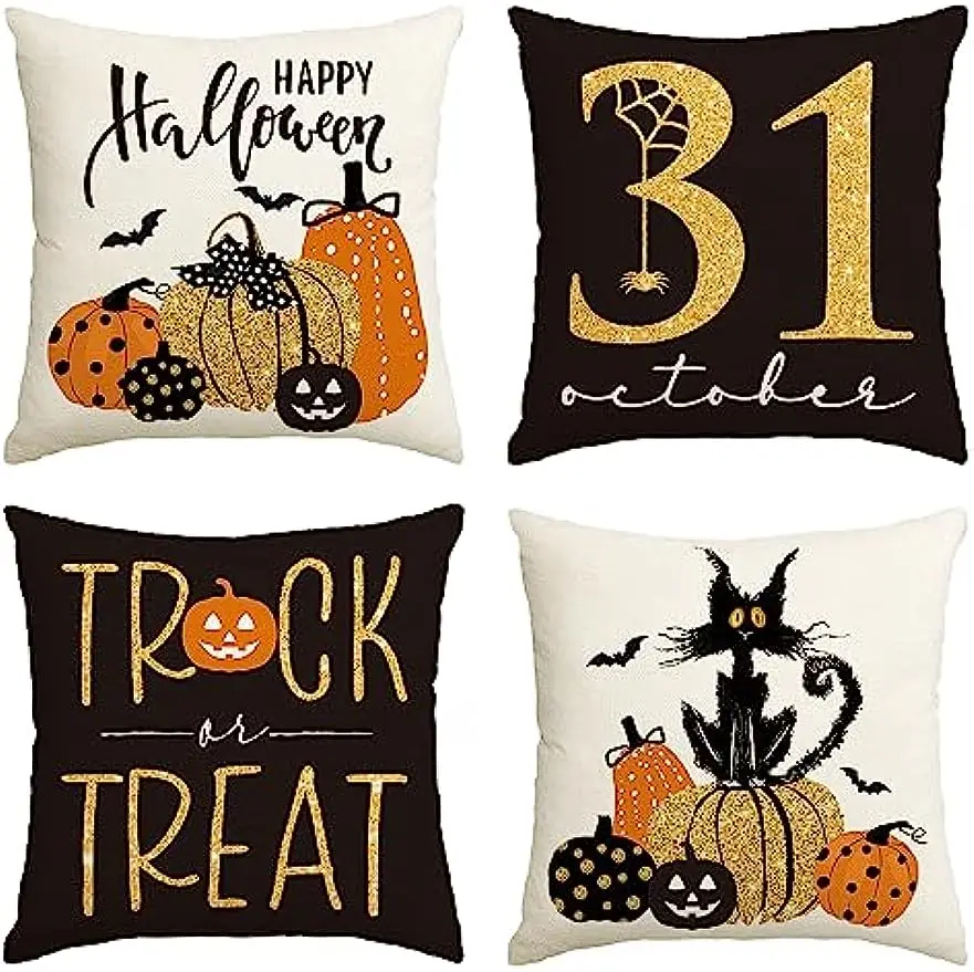 Short Plush Square Pillow Cover Pumpkin Cat Happy Halloween Trick Or Treat Autumn Decorative Sofa Cushion Cover Living Room