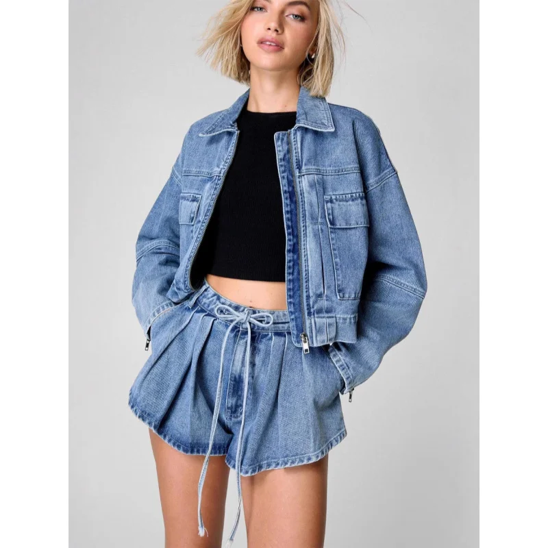 Women's High Waisted Slimming Denim Jacket 2026 Workwear Style Loose Fit Short Set - New Arrival