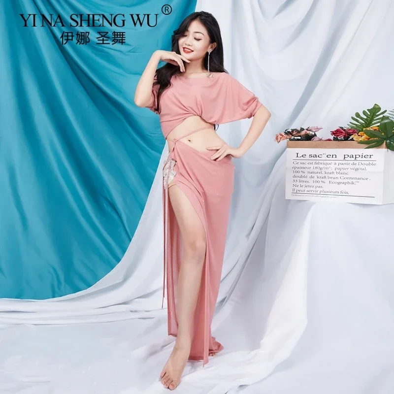 أزياء الرقص الشرقي النساء 2 قطعة مجموعة تنورة علوية مثيرة مع حجر خارج الكتف عالية سبليت الرقص الشرقي مرحلة الأداء ارتداء فتاة #1