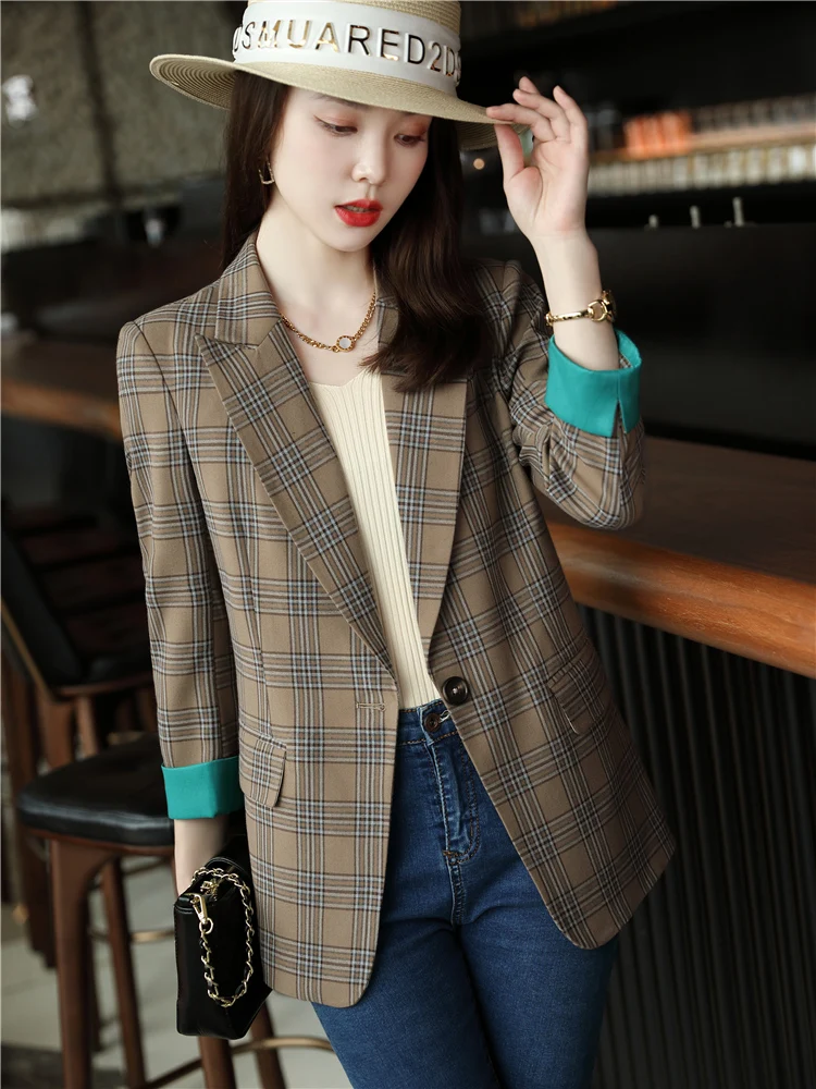 

Women Casual Plaid Jacket Blazer Work Office Jackets Slim Business Female Patchwork New In Outerwears Blazer Clothing