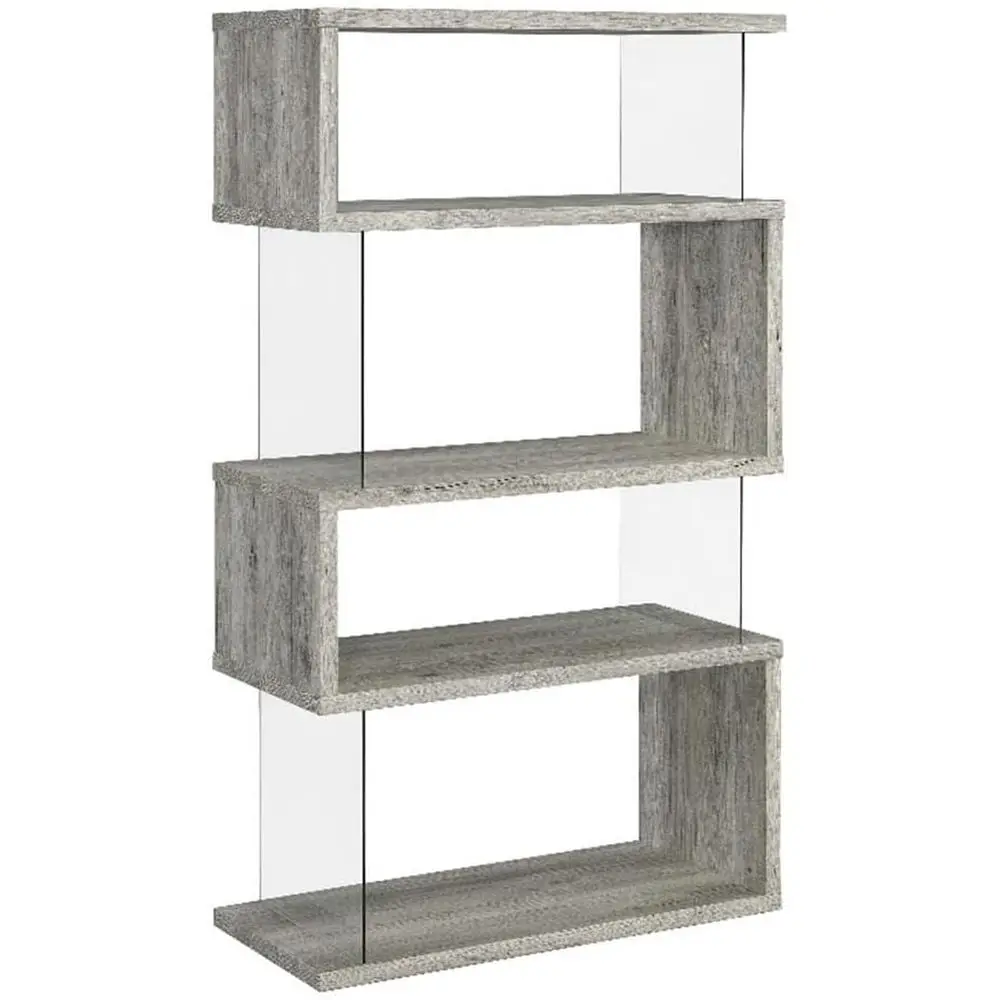BOWERY HILL Librería geométrica en zigzag de 4 estantes, 63 pulgadas de alto x 35.5 pulgadas de ancho x 15.5 pulgadas de profundidad, madera y vidrio, acabado en madera gris, diseño contemporáneo