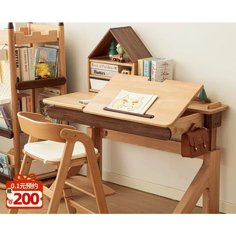 Teenagers and trees Children's solid wood lifting study table, desk Student household table and chair set Homework table Writing