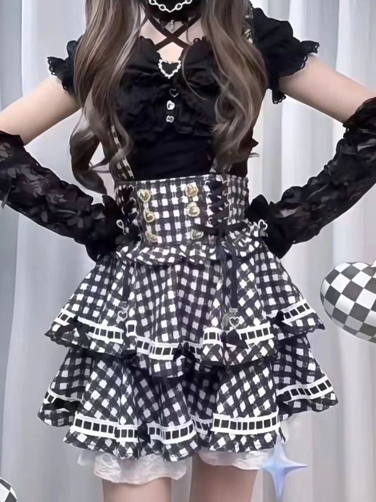 Japanese Kawaii Lace Slim 2-piece Set Women Design Sweet Plaid Skinny Suit Female High Street Vintage Short Sleeve Outfits New