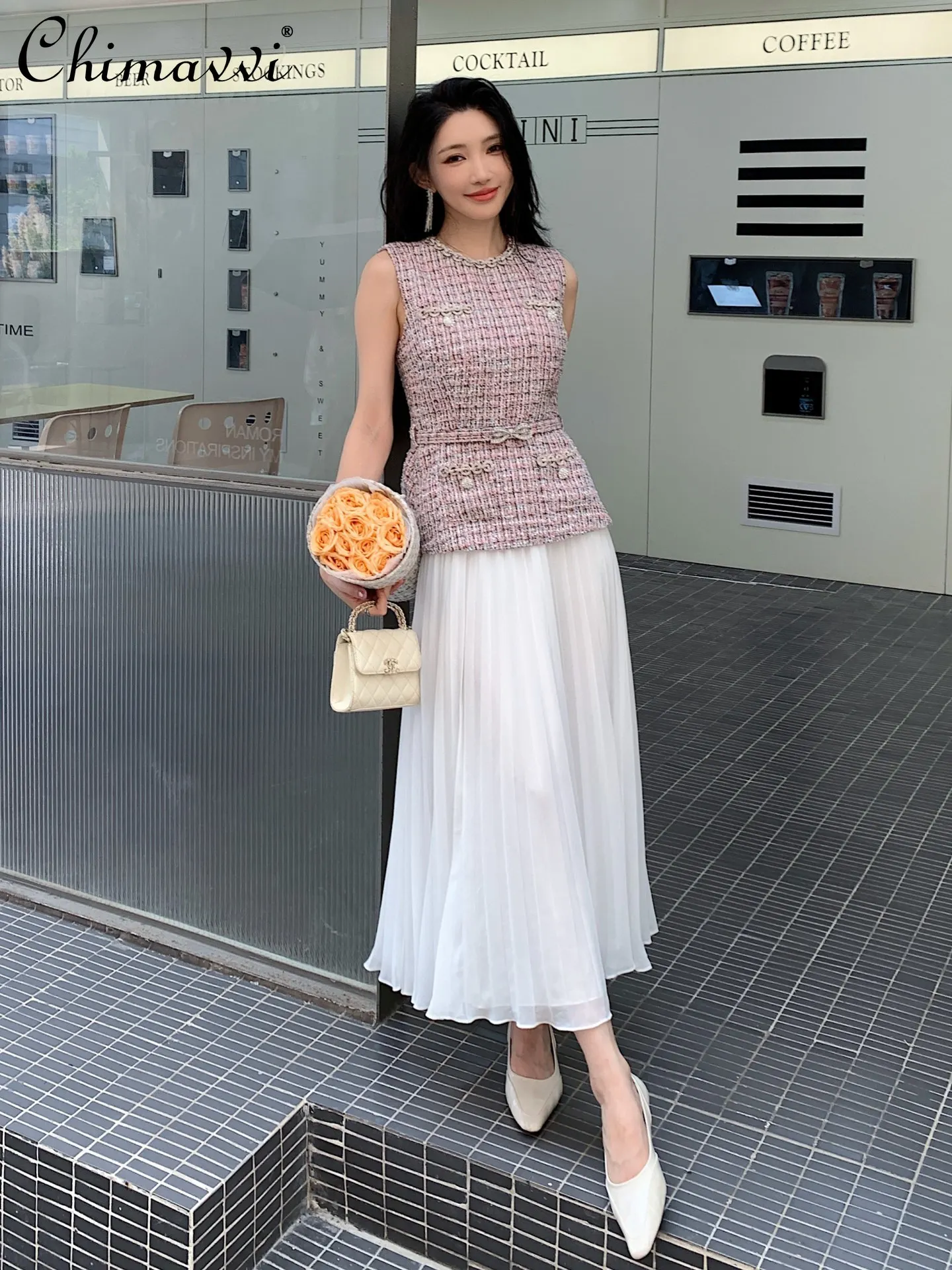 

Autumn Winter New French Fashion Pink Tweed Patchwork White Chiffon Fake Two-Piece Dress Slim Fit Elegant Party Long Dress