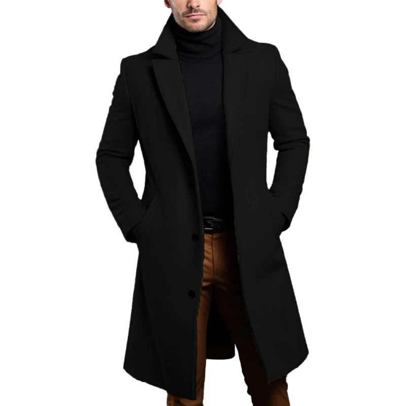 Luxury Black Trench Coat for Men  Long Sleeve Top  Casual and Comfortable  for Business and Daily Wear