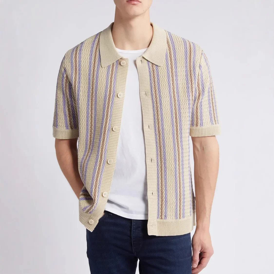 الصيف الأمريكي موضة جديدة الرجال بدوره إلى أسفل طوق قصيرة الأكمام متعدد الألوان مخطط محبوك جوفاء خارج القمصان الذكور الملابس #2