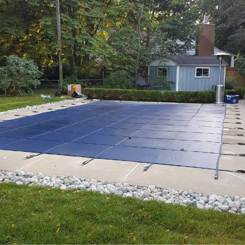 Blue Rectangle Rain Permeable Mesh Safety Cover For Inground Pool Custom Size Triple Stitched Installation Hardware