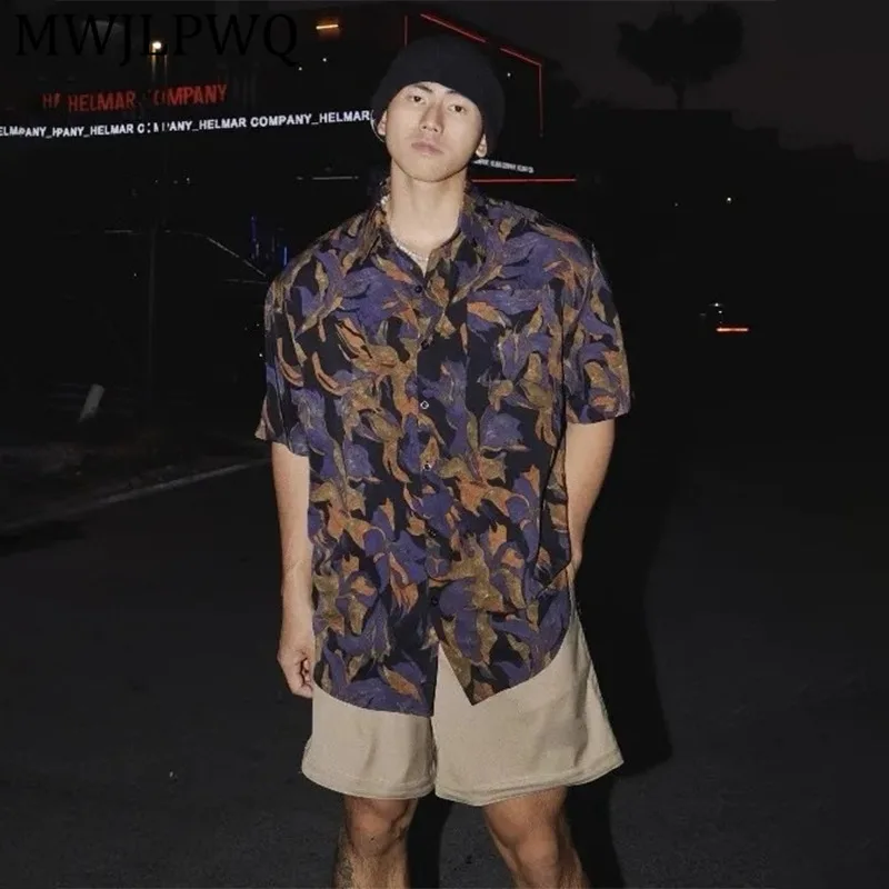 

MWJLPWQ Ice Silk Trendy Short-Sleeve Printed Shirt Men's Summer American Retro Casual Personalized New Style Loose Tops 16382