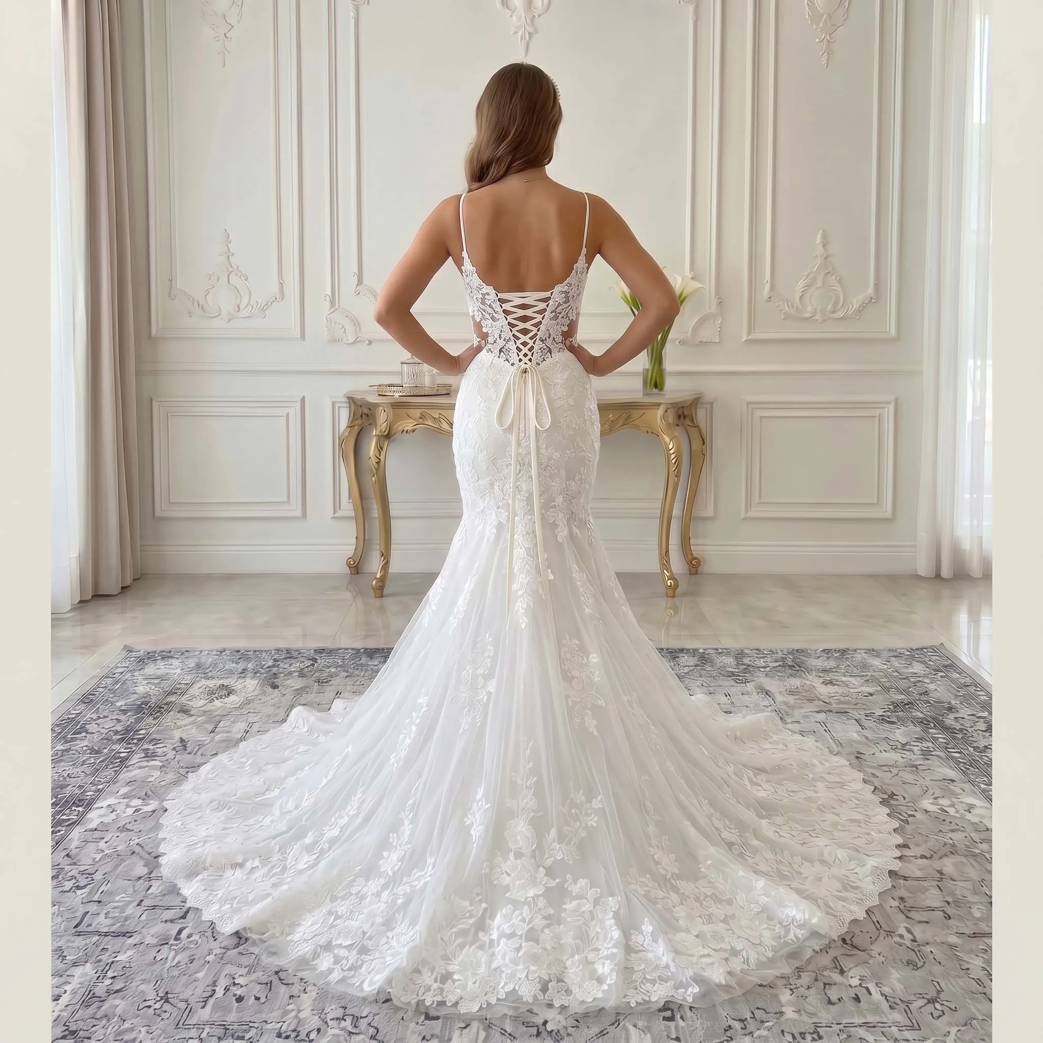 Spaghetti Straps Mermaid Wedding Dress 3D Floral Lace Sheer Side Cutout Corset Back Bridal Gown With Long Train